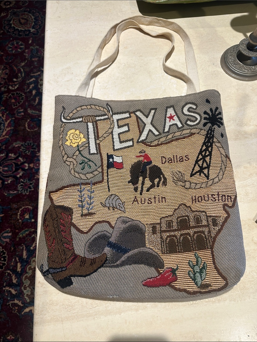 Texas Embroidered Tote Bag - Beige Gray